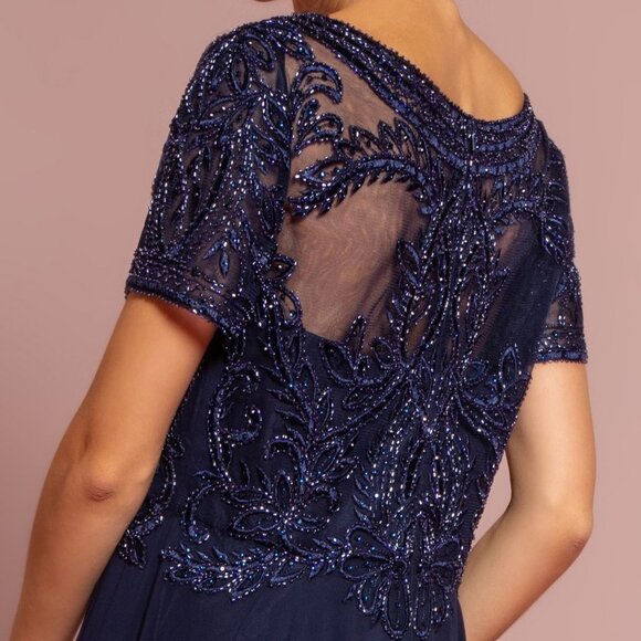 NEW LONG CHIFFON A-LINE DRESS WITH CAP SLEEVES EMBROIDERED WITH LACE GL2683 - Picture 9 of 12